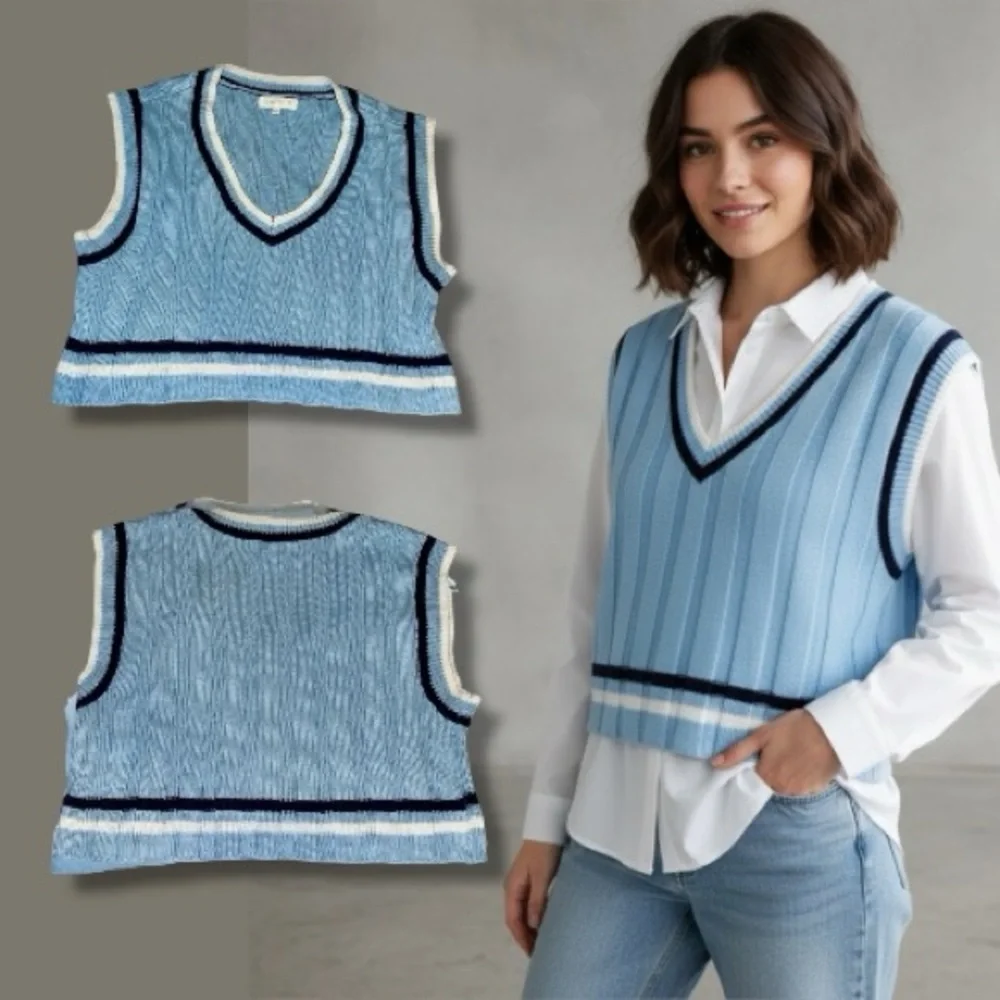 Ultra Flirt Sweater Vest Y2K Light Blue Striped V-Neck Cropped Preppy Tennis M 🍭